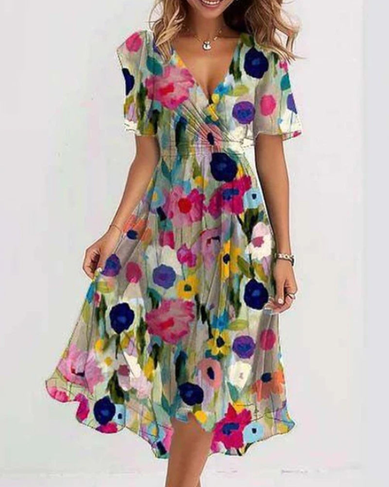 V-neck colorful printed dress summer vacation dresses