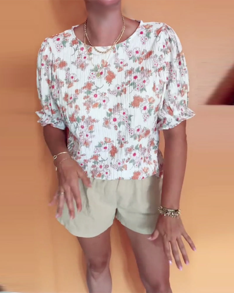Round Neck Floral Short Sleeve Blouse