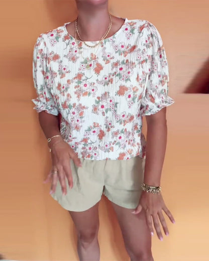 Round Neck Floral Short Sleeve Blouse
