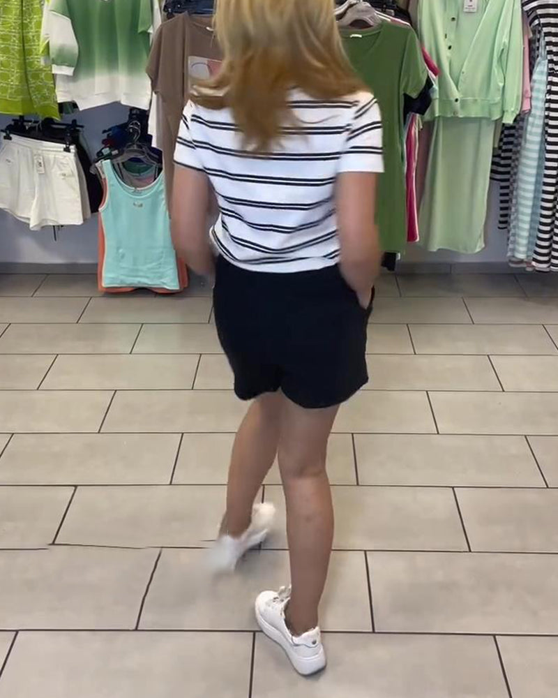 Casual Short-Sleeved Striped Shorts Set