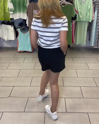 Casual Short-Sleeved Striped Shorts Set