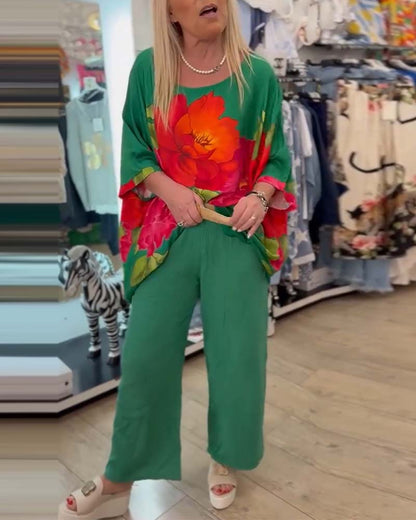 Bat-Sleeve Large Flower Print Blouse