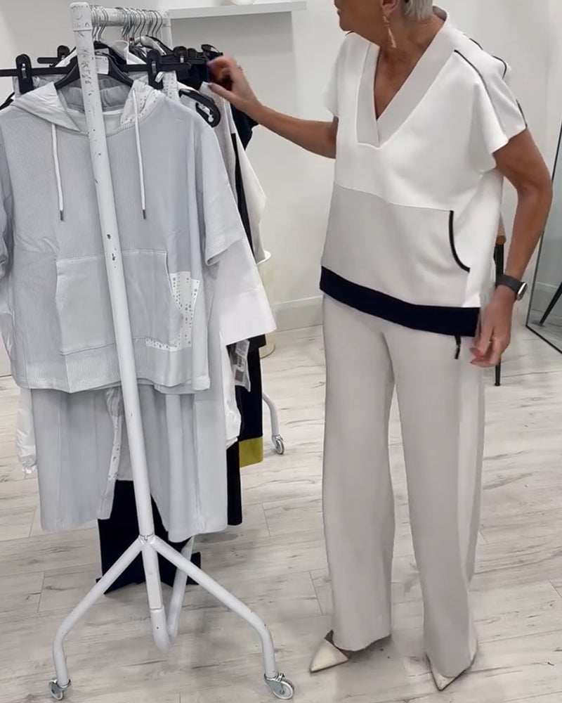 V-Neck Color Matching Slit Casual Suit