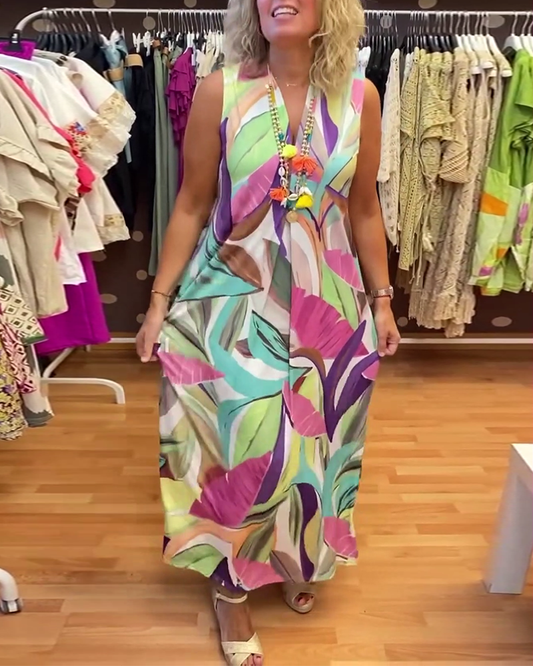 Colorful leaf print slit casual dress casual dresses summer