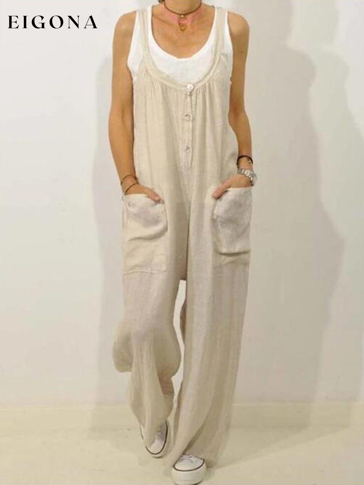 Women's Casual Pure Color Shirring Wide Leg Jumpsuit