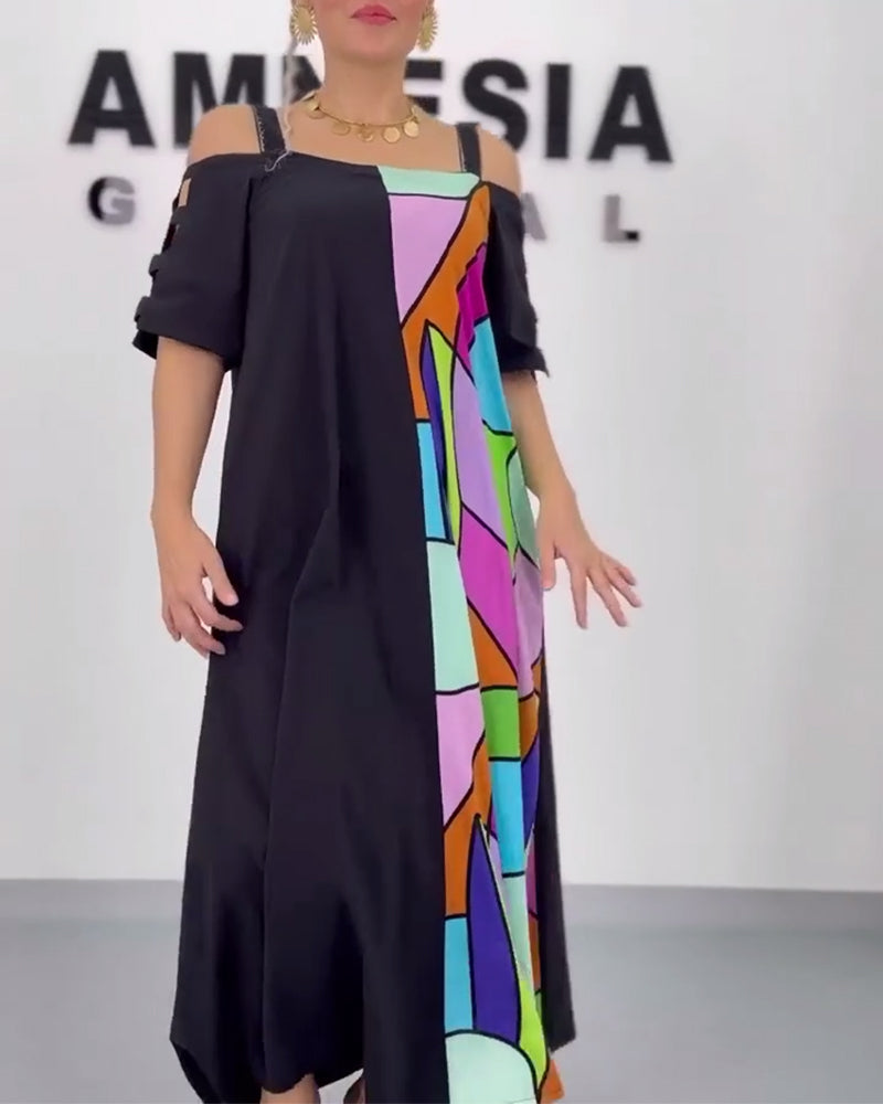 Off-Shoulder Contrast Print Loose Dress