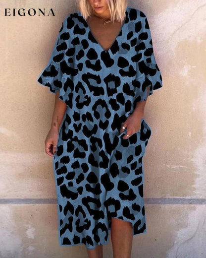 Leopard print V-neck loose dress Blue 2022 F/W 23BF 23BK Casual Dresses Clothes Dresses Spring Summer