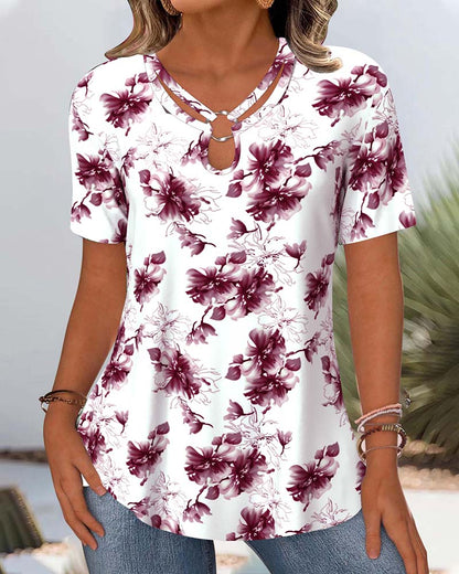 Floral Print Short-Sleeved Blouse