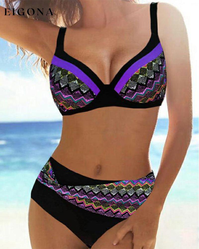 Hög midja push-up bikinis med Stripe Print Lila 23BF bikinis Clothes Swimwear