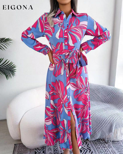 Contrasting floral print lapel shirt dress Purple 23BF Casual Dresses Clothes Dresses Spring Summer