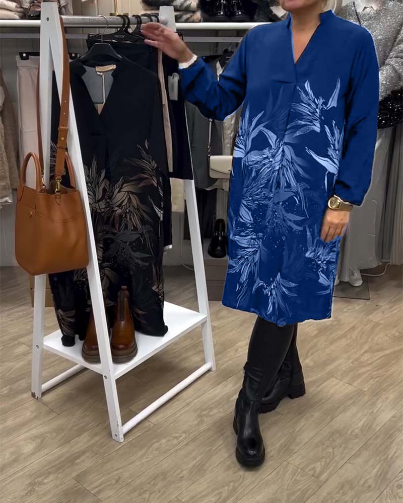 V-Neck Leaf Print Long-Sleeved Dress