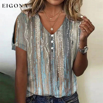 Chic Buttoned V-Neck T-Shirt Multicolor best Best Sellings clothes Plus Size Sale tops Topseller