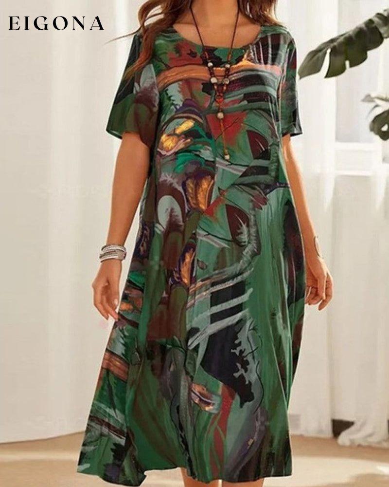 Round Neck Shift Dress in Geometric Print Green 23BF Casual Dresses Clothes Dresses Spring Summer