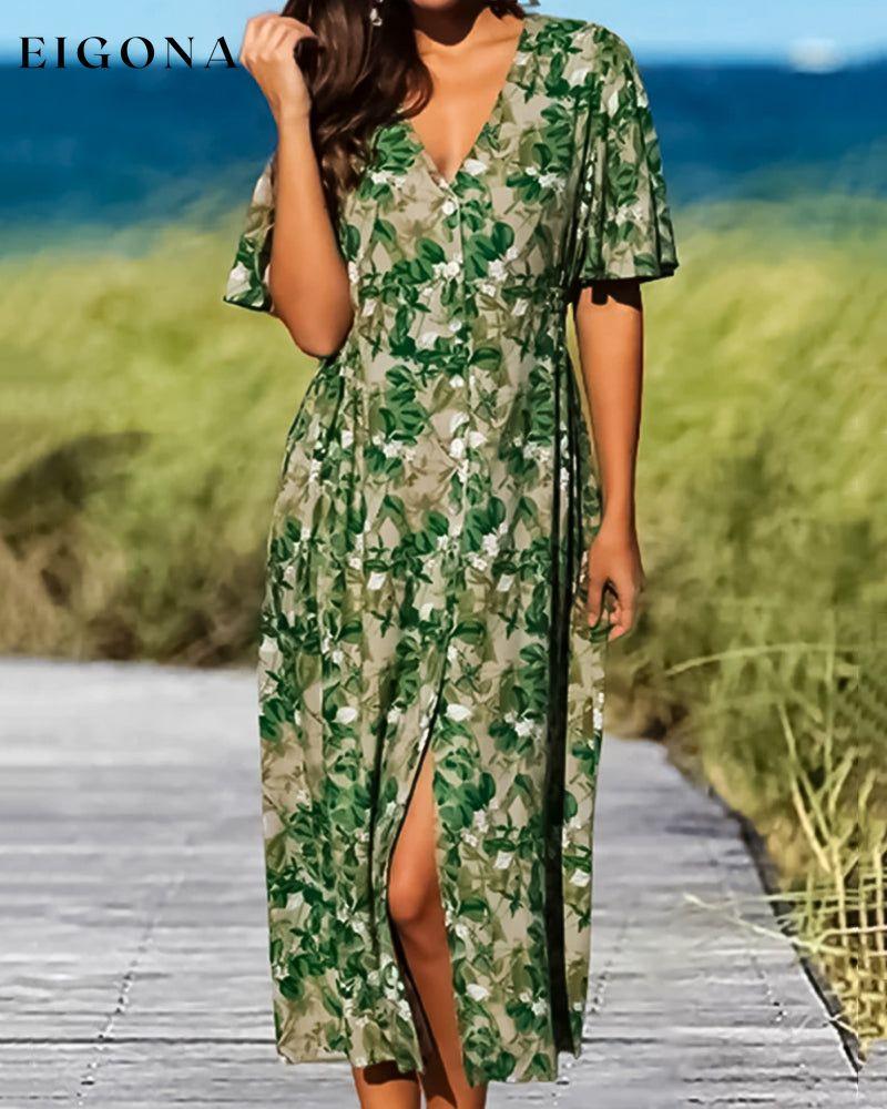 V-neck floral print slit dress Green 23BF Casual Dresses Clothes Dresses Spring Summer