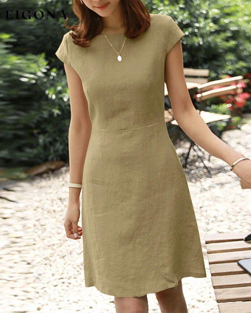 Cotton and linen solid color short-sleeved dress Green 23BF Casual Dresses Clothes Cotton and Linen Dresses Summer