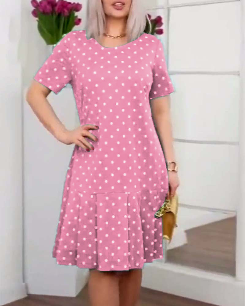 Polka dot print short sleeve casual dress Pink casual dresses summer