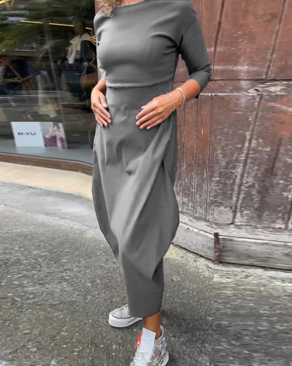 Abito elegante semplice a maniche lunghe con tasca in tinta unita