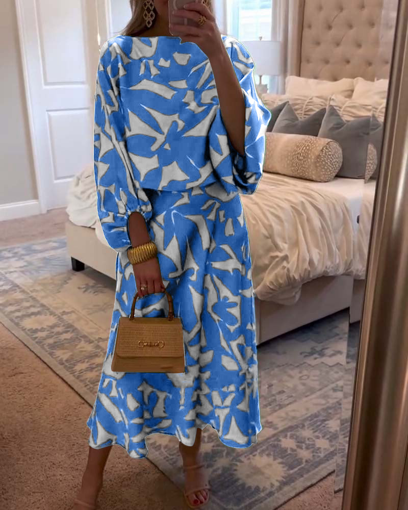 Completo abito casual con maniche a lanterna stampate e temperamento