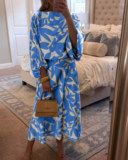 Completo abito casual con maniche a lanterna stampate e temperamento