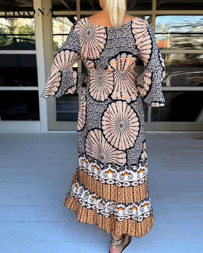 Print Flare Sleeve Maxi dress 23BF Casual Dresses Clothes Dresses Spring Summer