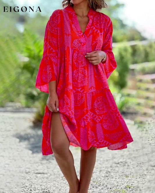 Boho Geometric Print 3/4 Sleeve Dress Red 23BF Casual Dresses Clothes Dresses Spring Summer