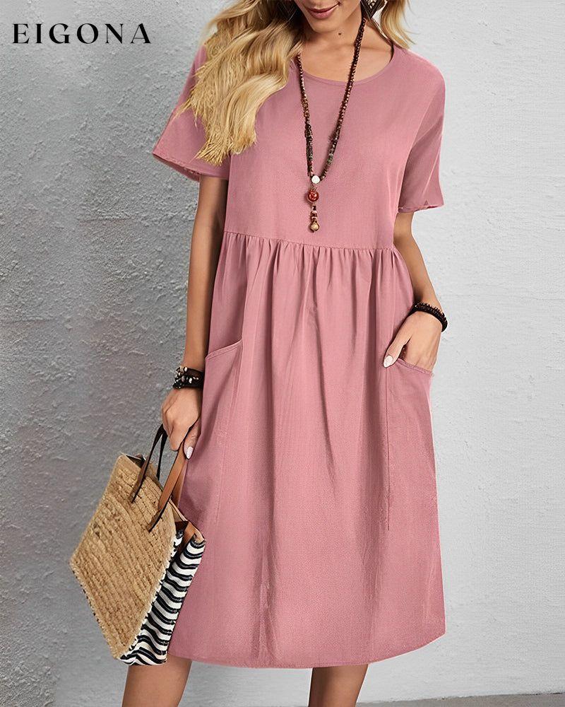 Round neck pleated short sleeve dress Pink 23BF Casual Dresses Clothes Cotton and Linen Dresses Spring Summer