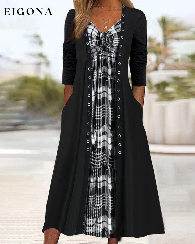 Check V-neck Long-sleeved Dress Black 2023 F/W 23BF casual dresses Clothes Dresses Spring