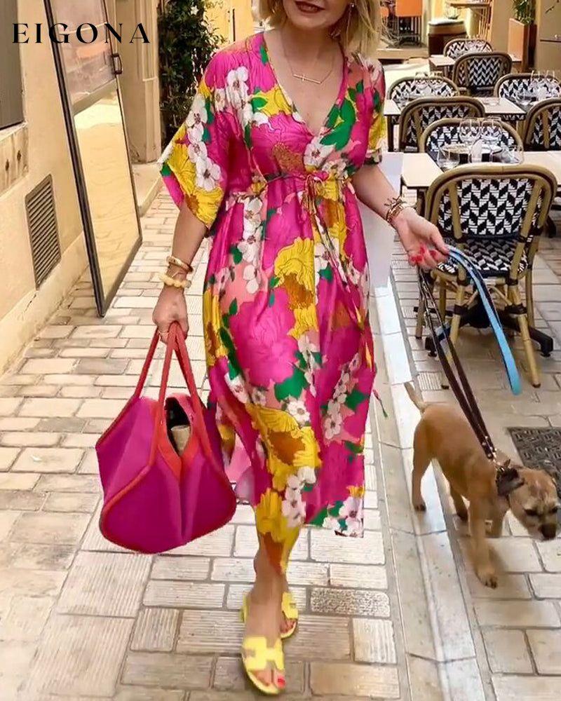 Floral print v-neck casual dress Fuchsia 23BF Casual Dresses Clothes Dresses Spring Summer