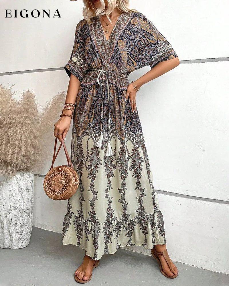 Stylish 3/4 sleeve print dress Gray 23BF Casual Dresses Clothes Dresses Spring Summer