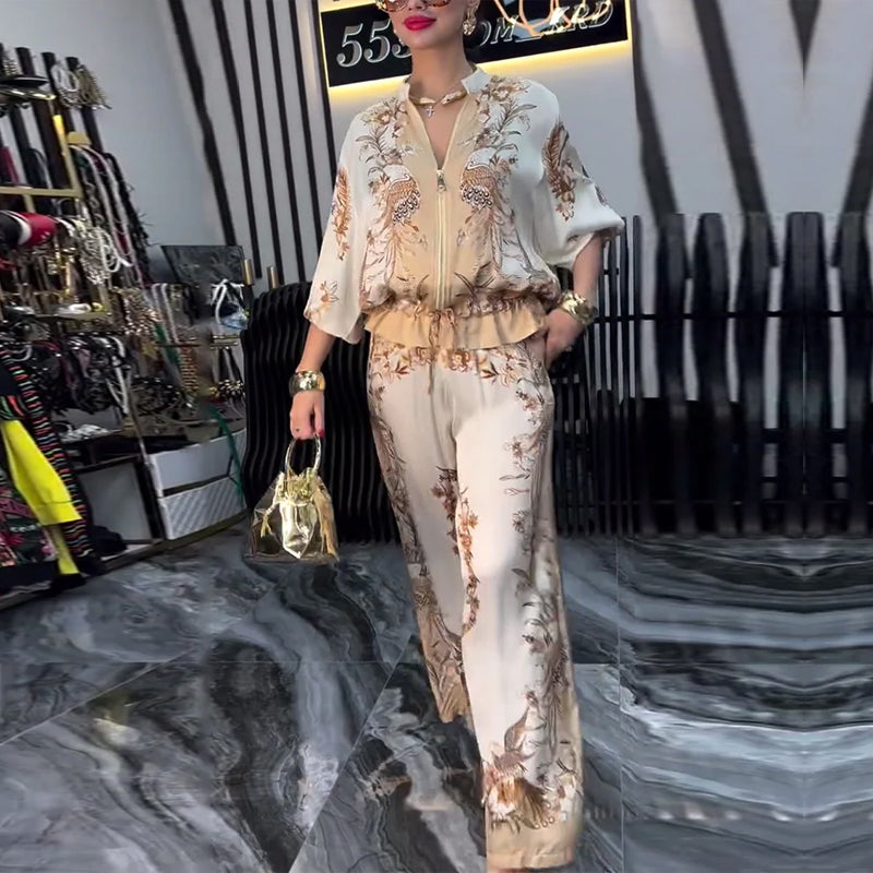 Temperament Stand Collar Zipper Wide Leg Suit