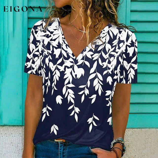 Stylish V-Neck Leaf Print T-Shirt Navy Blue best Best Sellings clothes Plus Size Sale tops Topseller