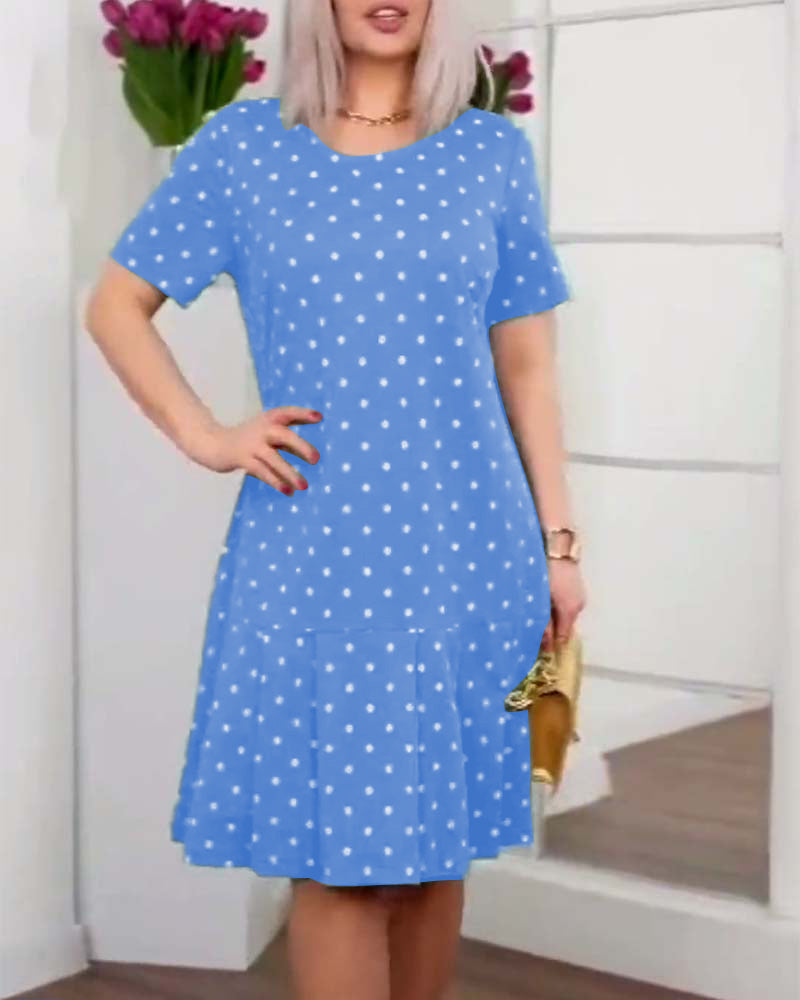 Polka dot print short sleeve casual dress Blue casual dresses summer