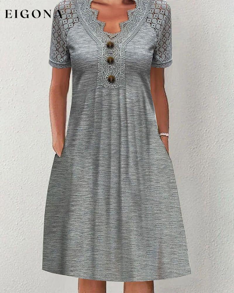 Solid color lace pocket dress Gray 23BF Casual Dresses Clothes Dresses Spring Summer