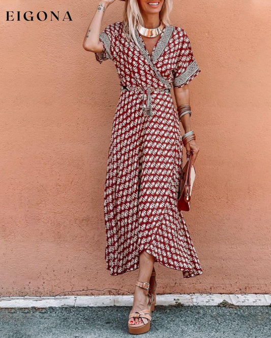 Vintage V Neck Print Dress Red 23BF Casual Dresses Clothes Dress Dresses Summer vacation dresses