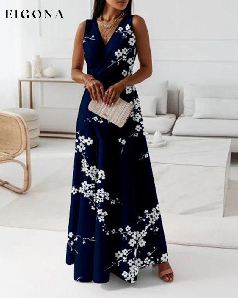 Printed V-neck tank long dress Navy blue 23BF Clothes Dresses Evening Dresses Party Dresses Summer vacation dresses