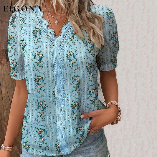 Lace Decoration Floral Blouse Blue best Best Sellings clothes Plus Size Sale tops Topseller