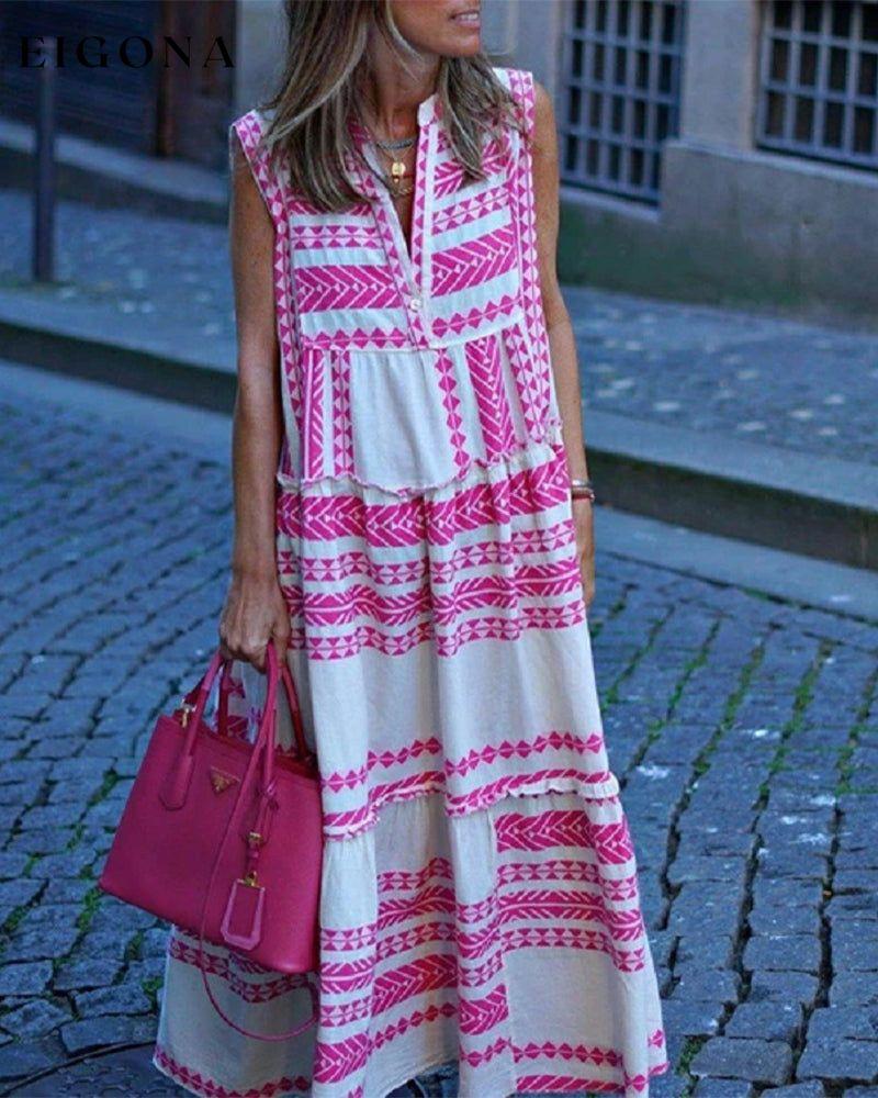 Geometric print v-neck sleeveless maxi dress Fuchsia 23BF Casual Dresses Clothes Dresses Summer