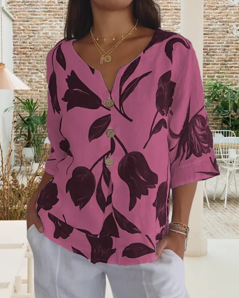 Button-Down-Oberteil aus Baumwolle und Leinen mit Blumendruck