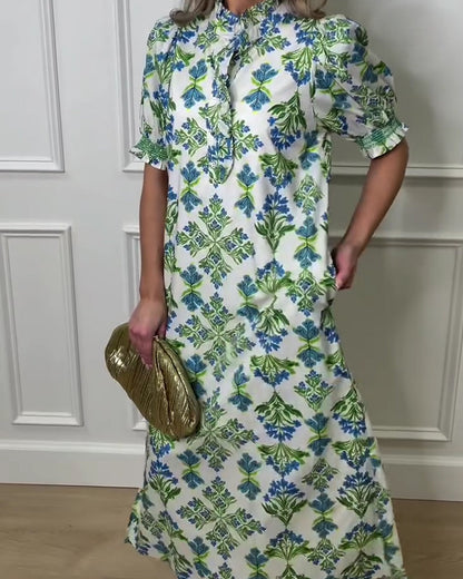 Plant Print Stand Collar Dress