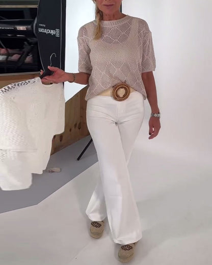 Round Neck Solid Color Hollow Pullover