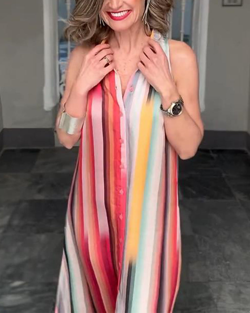 Lapel Colorful Striped Sleeveless Button-Down Dress