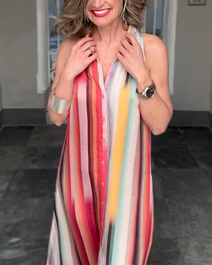 Lapel Colorful Striped Sleeveless Button-Down Dress