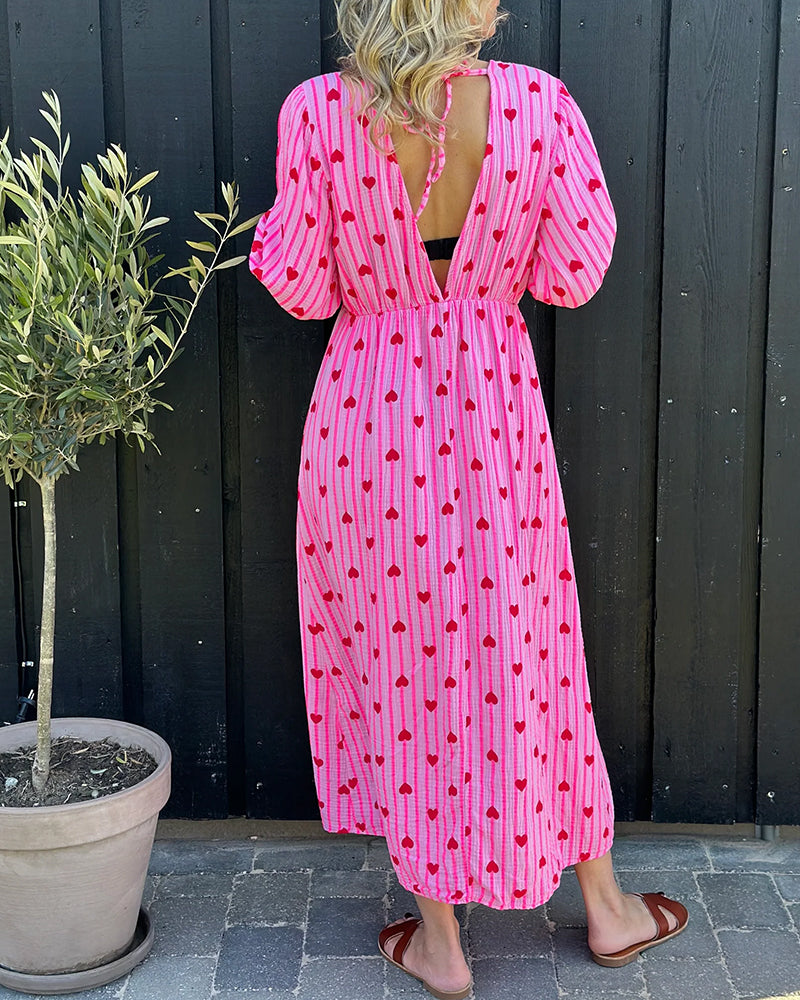 Deep V Heart Stripe Print Dress