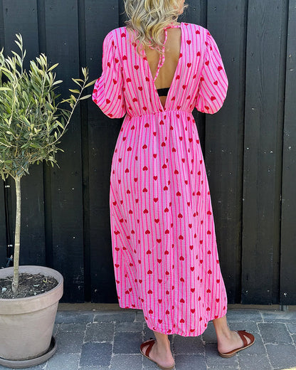 Deep V Heart Stripe Print Dress