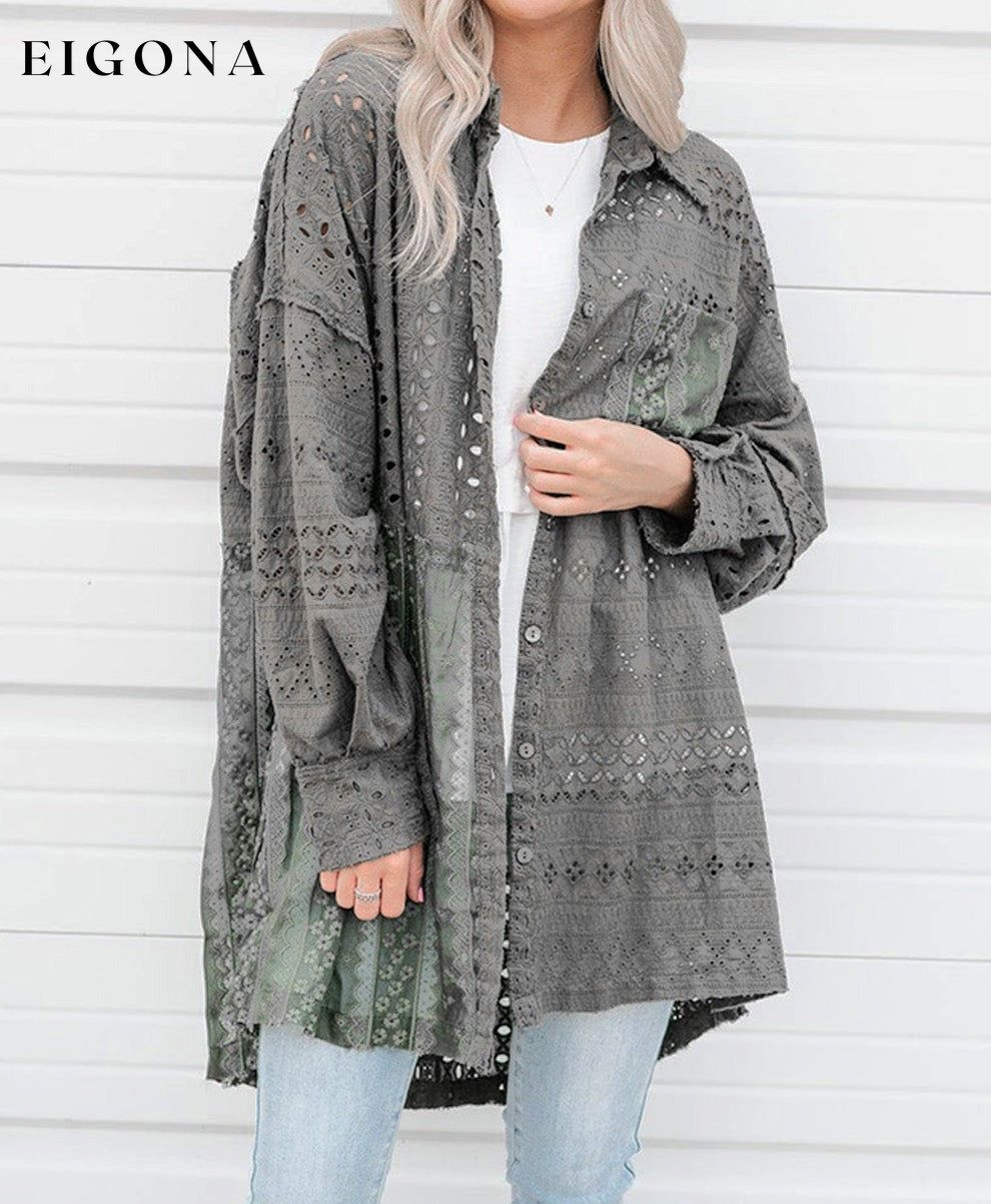 Duffel Green Eyelet Pattern Patchwork Oversized Button Up Shacket All In Stock clothes Craft Embroidery long sleeve shirt long sleeve shirts long sleeve top long sleeve tops Outerwear Print Solid Color Season Fall & Autumn shirt shirts Style Western top tops