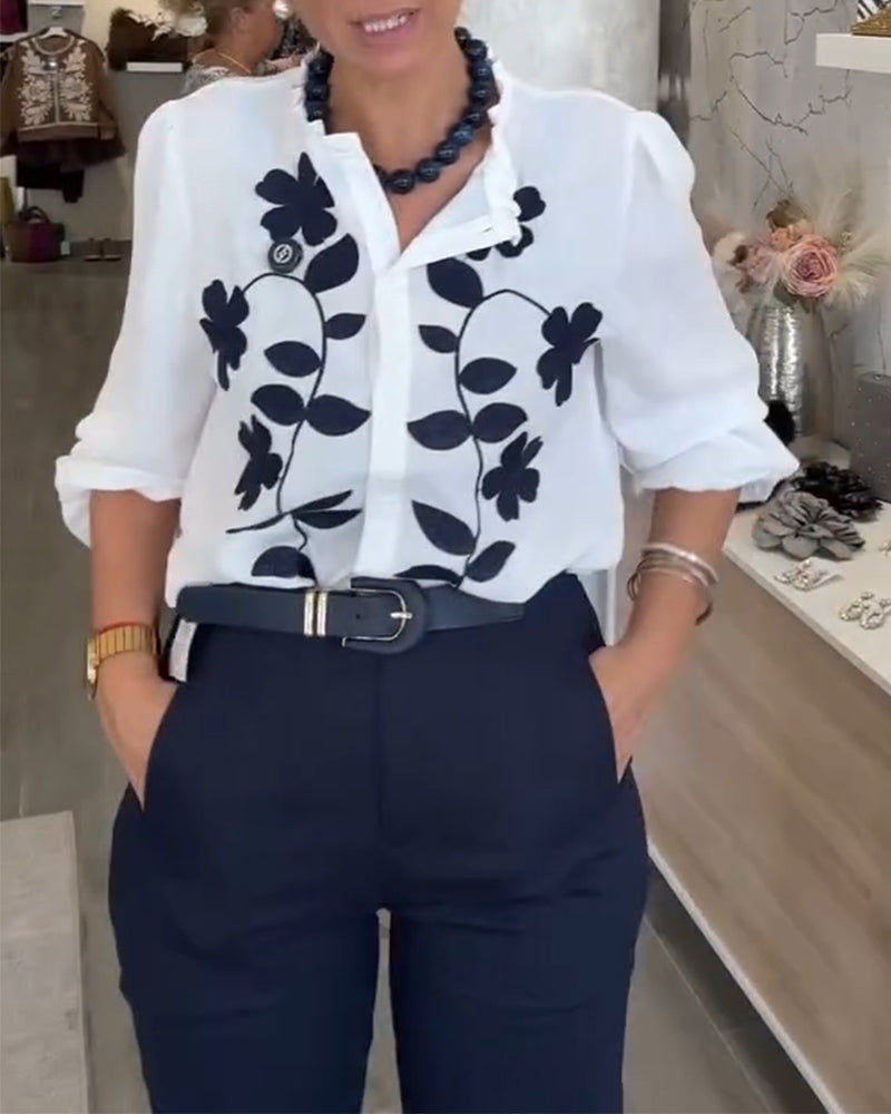 Stylish Floral Print Ruffle Blouse