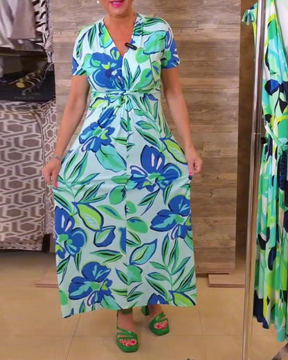 V-Neck Twist Floral Print Short-Sleeved Maxi Dress