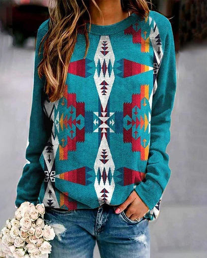 Women's Vintage Ethnic Printed Long Sleeve Sweatshirt 2024 f/w sweatshirts western style