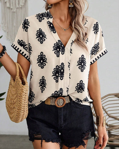 Printed V-neck short-sleeved elegant blouse blouses & shirts summer