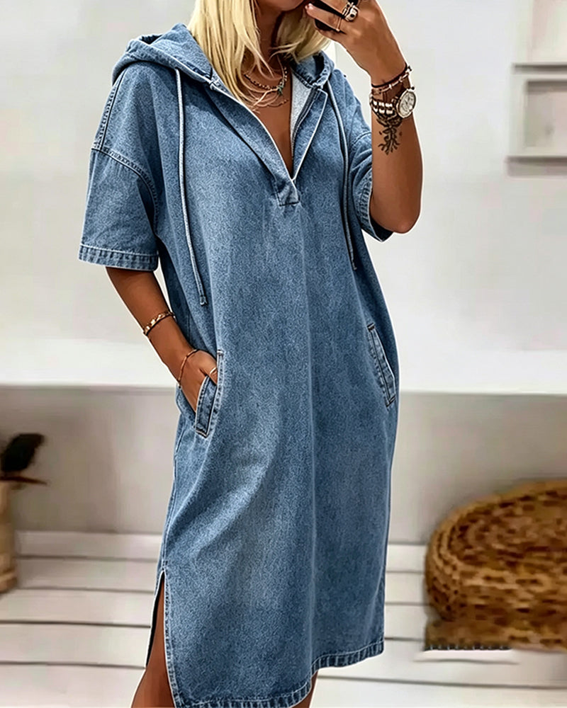 Hooded Lace-Up Denim Casual Dress